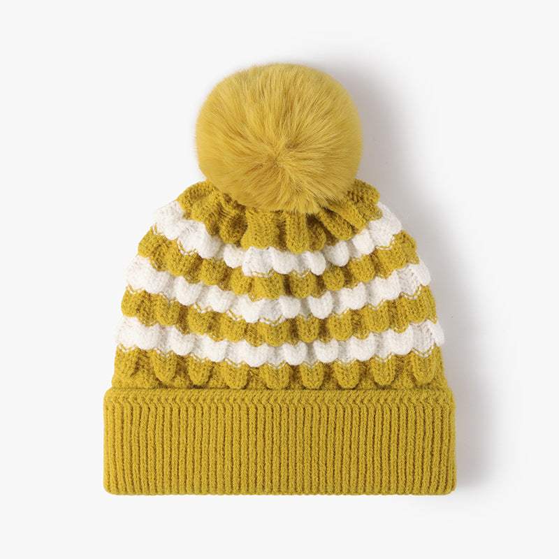 Striped Contrast Knit Hat with Pom-pom - Trendsi - Flyclothing LLC