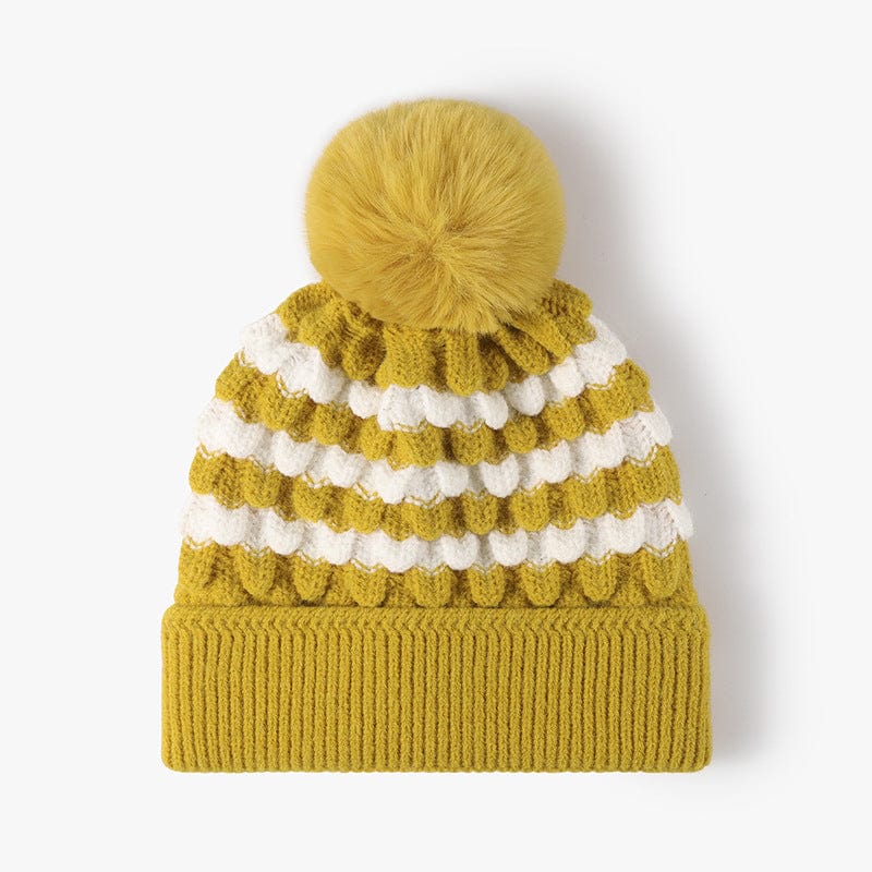 Striped Contrast Knit Hat with Pom-pom - Trendsi