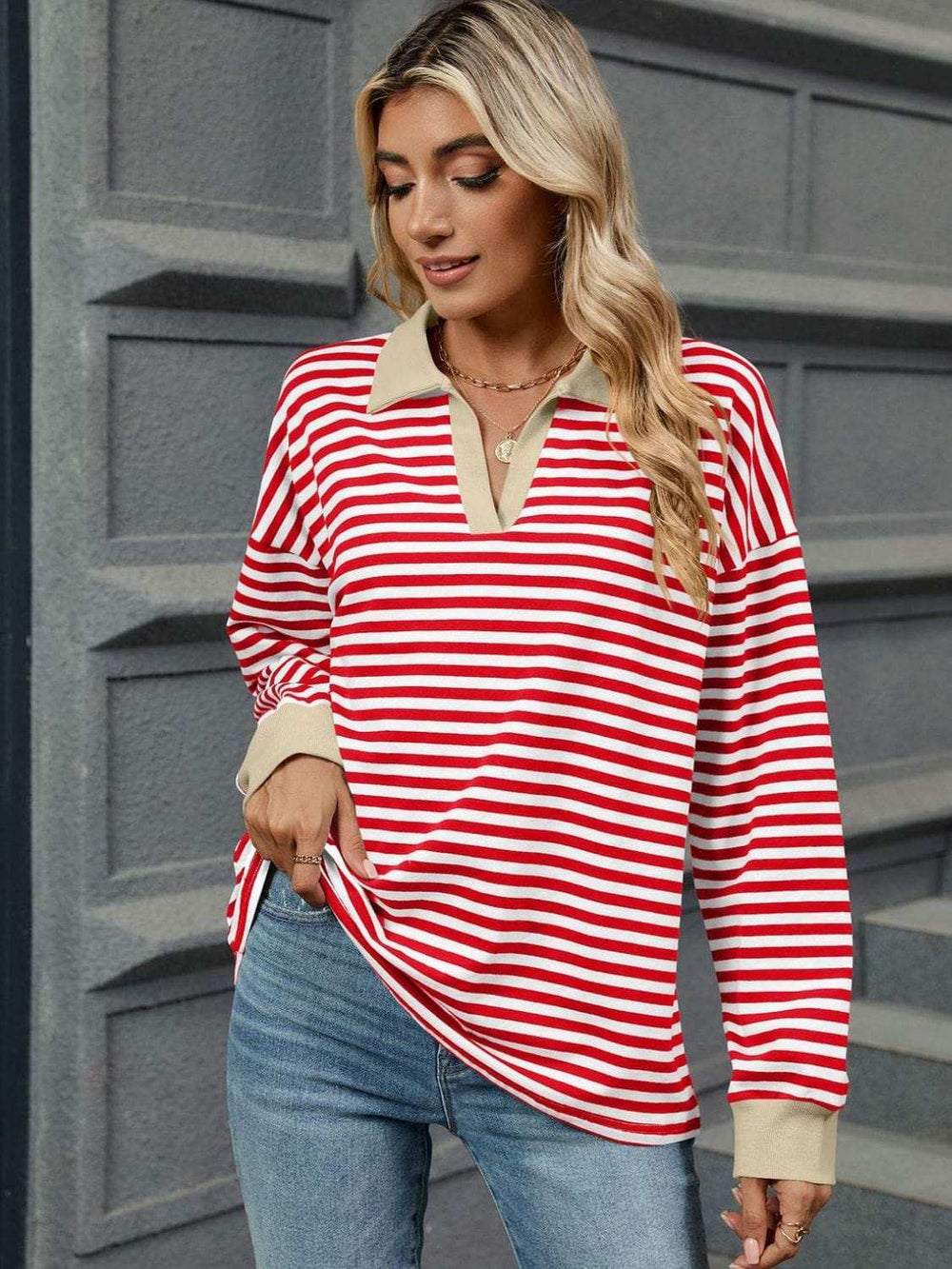 Striped Johnny Collar Long Sleeve Sweatshirt - Trendsi - Flyclothing LLC