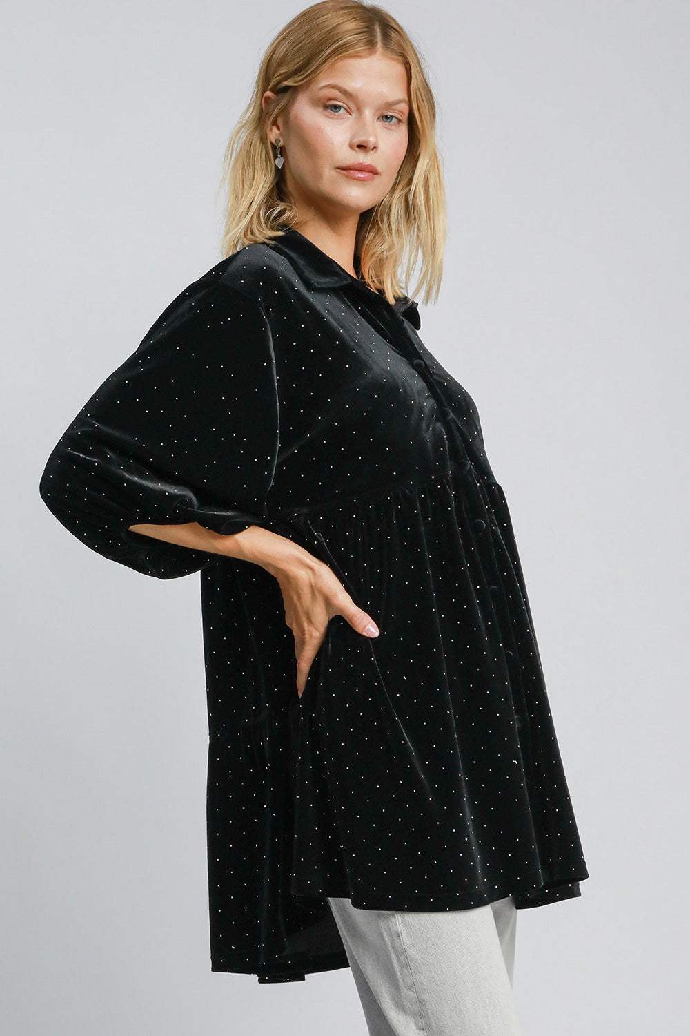 Umgee Full Size Polka Dot Button Up Half Sleeve Shirt - Trendsi - Flyclothing LLC