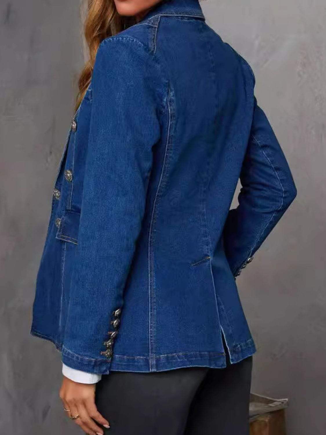 Collared Neck Long Sleeve Denim Jacket - Trendsi - Flyclothing LLC