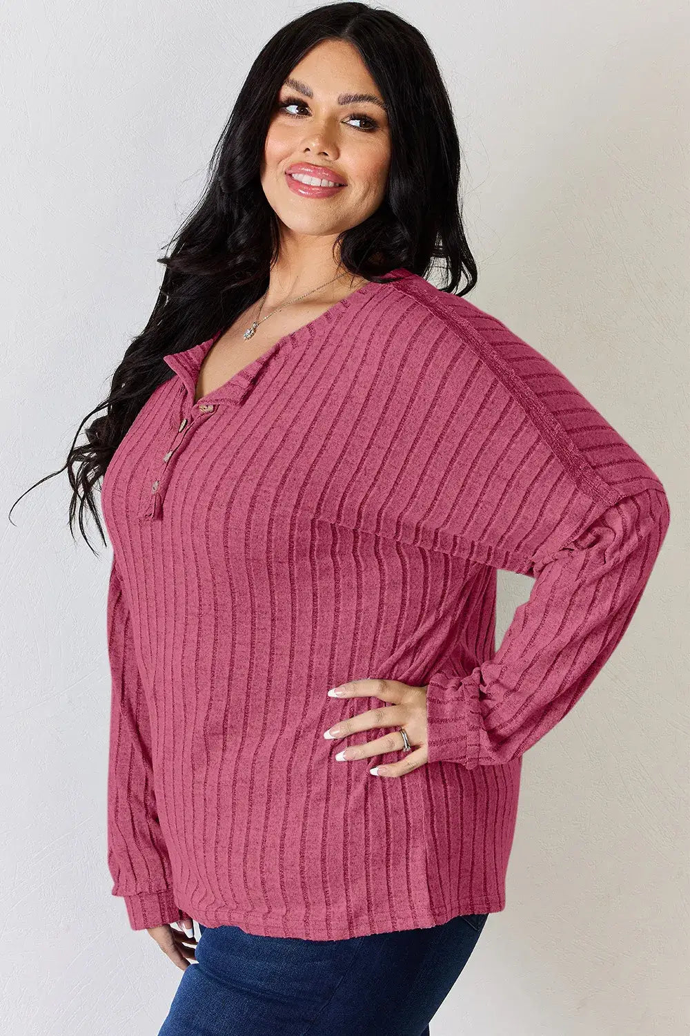 Basic Bae Full Size Ribbed Half Button Long Sleeve T-Shirt - ShopBasicbae - Flyclothing LLC