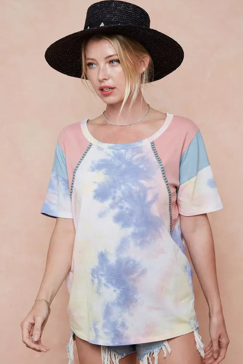 BiBi Tie Dye Printed Cotton Color Block T-Shirt - Trendsi - Flyclothing LLC