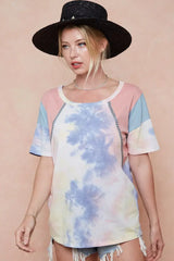 BiBi Tie Dye Printed Cotton Color Block T-Shirt - Trendsi - Flyclothing LLC