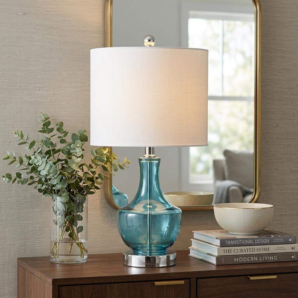 20" Turquoise And Silver Glass Gourd Table Lamp With Drum Shade - HomeRoots - Flyclothing LLC