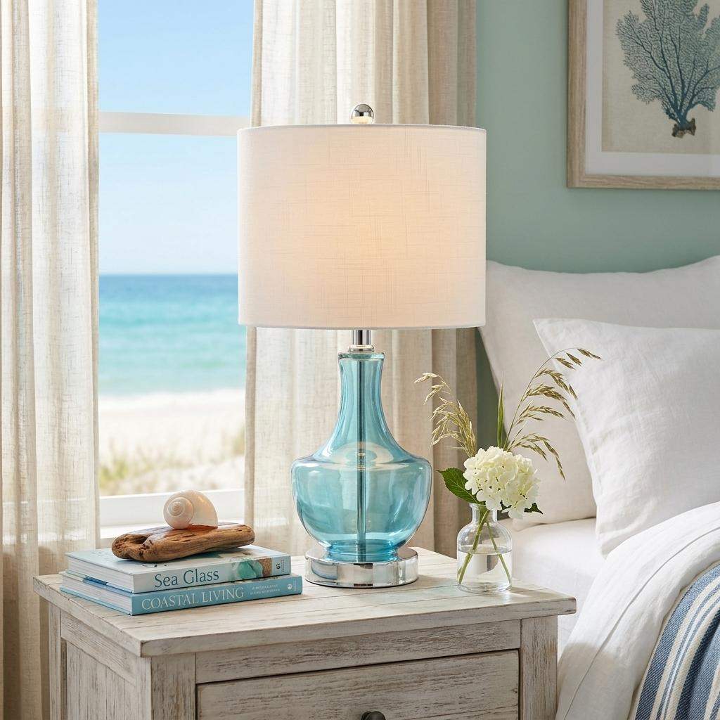 20" Turquoise And Silver Glass Gourd Table Lamp With Drum Shade - HomeRoots - Flyclothing LLC