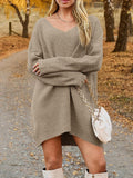 V-Neck Dropped Shoulder Sweater Dress - Trendsi