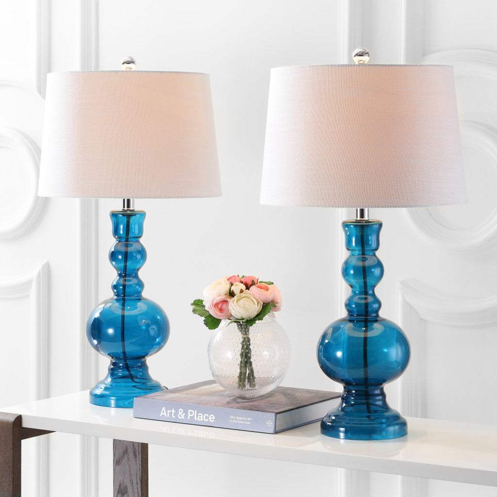Set of Two 29" Blue Curved Body Glass Table Lamps With Drum Shades - HomeRoots - Flyclothing LLC