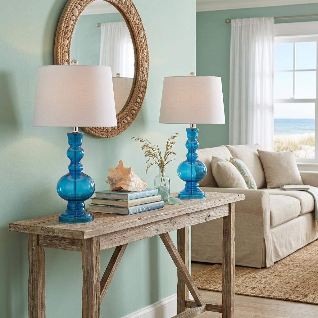 Set of Two 29" Blue Curved Body Glass Table Lamps With Drum Shades - HomeRoots - Flyclothing LLC