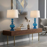 Set of Two 29" Blue Curved Body Glass Table Lamps With Drum Shades - HomeRoots - Flyclothing LLC
