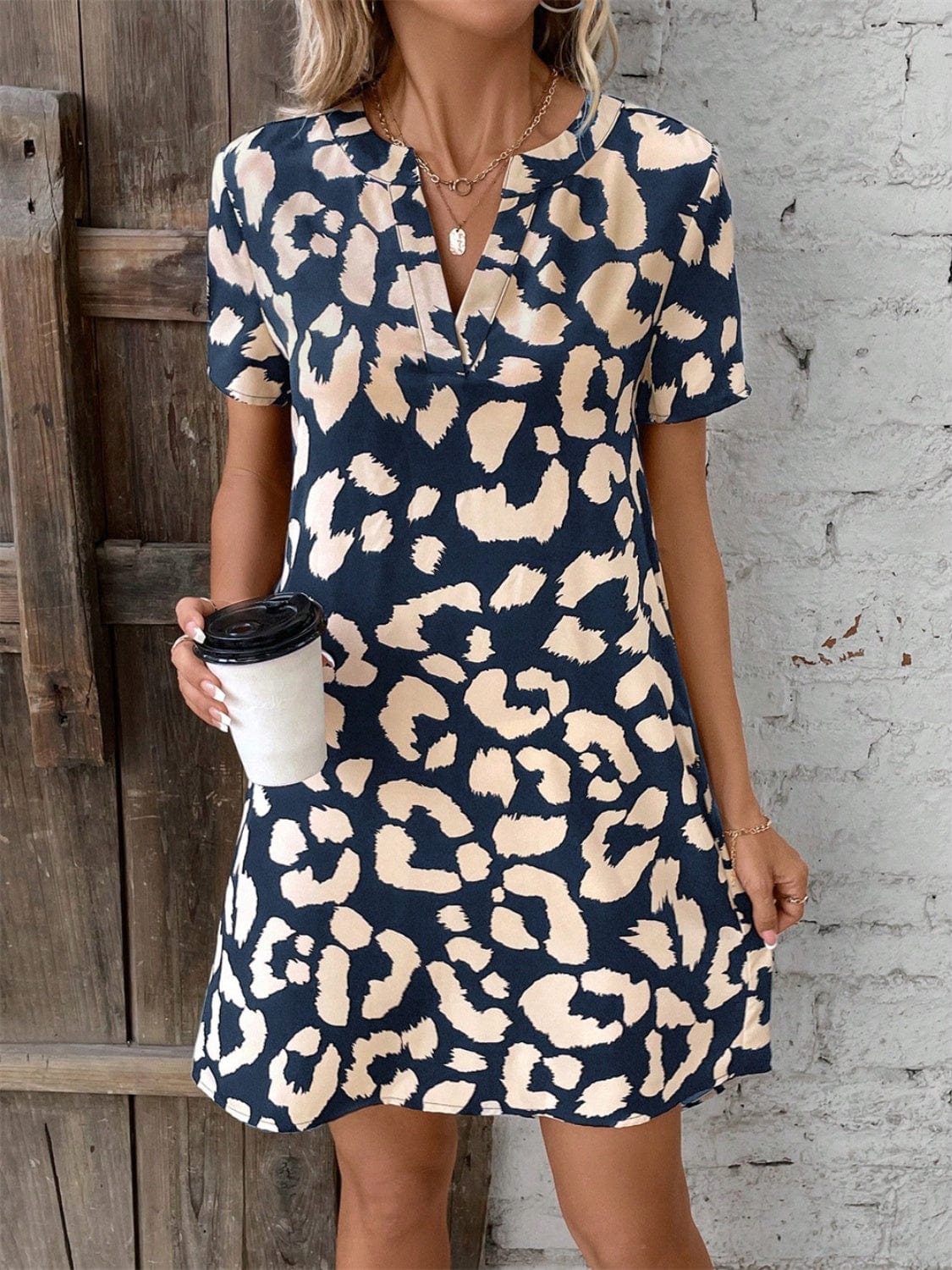 Printed Notched Short Sleeve Mini Dress - Trendsi