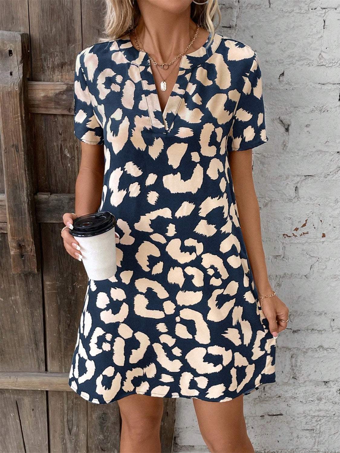 Printed Notched Short Sleeve Mini Dress - Trendsi - Flyclothing LLC