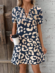 Printed Notched Short Sleeve Mini Dress - Trendsi