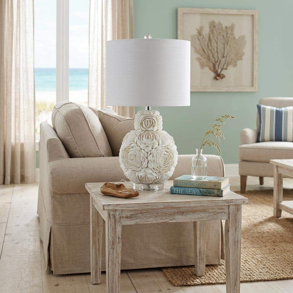 24" Off White Seashell Table Lamp With White Drum Shade - HomeRoots - Flyclothing LLC
