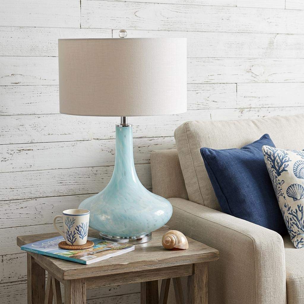 29" Light Blue And Clear Teardrop Glass Table Lamp With Drum Shade - HomeRoots - Flyclothing LLC