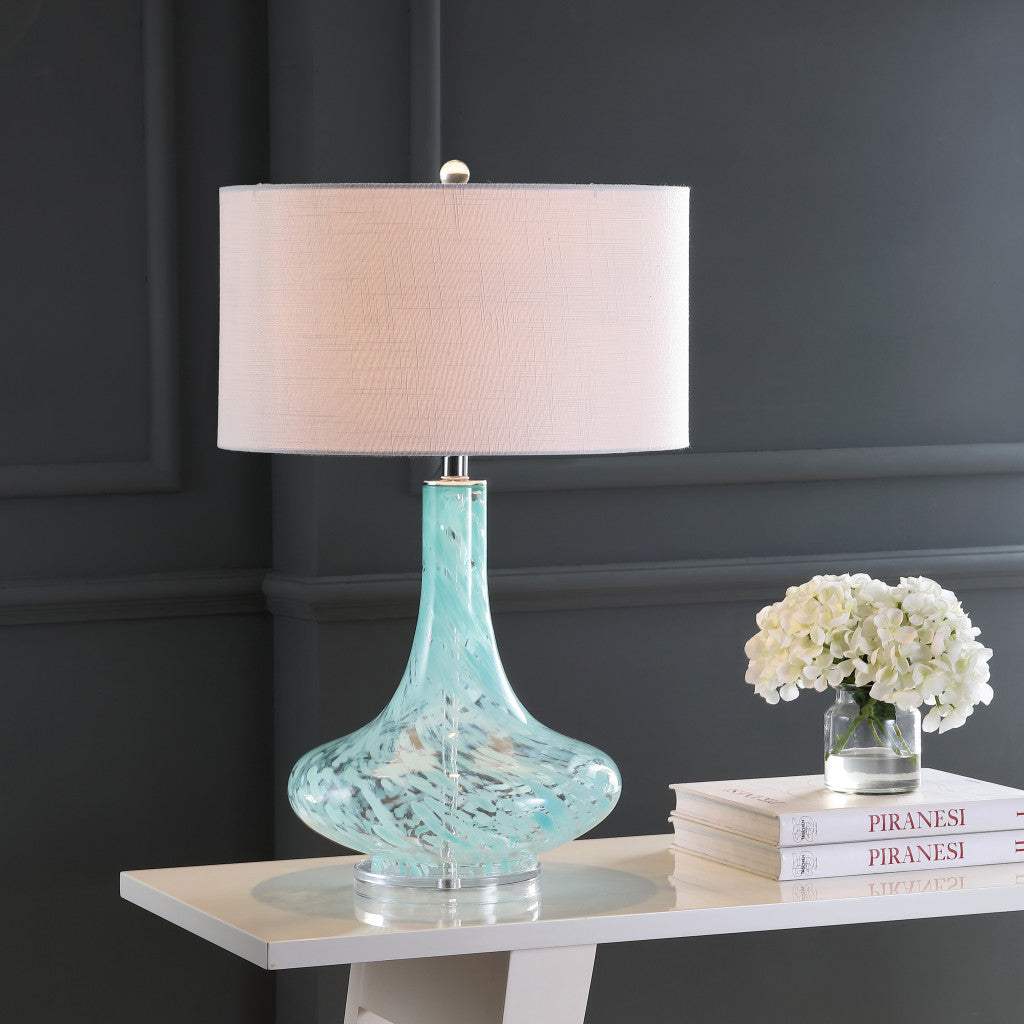 29" Light Blue And Clear Teardrop Glass Table Lamp With Drum Shade - HomeRoots - Flyclothing LLC