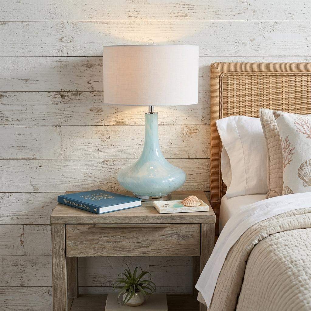29" Light Blue And Clear Teardrop Glass Table Lamp With Drum Shade - HomeRoots - Flyclothing LLC