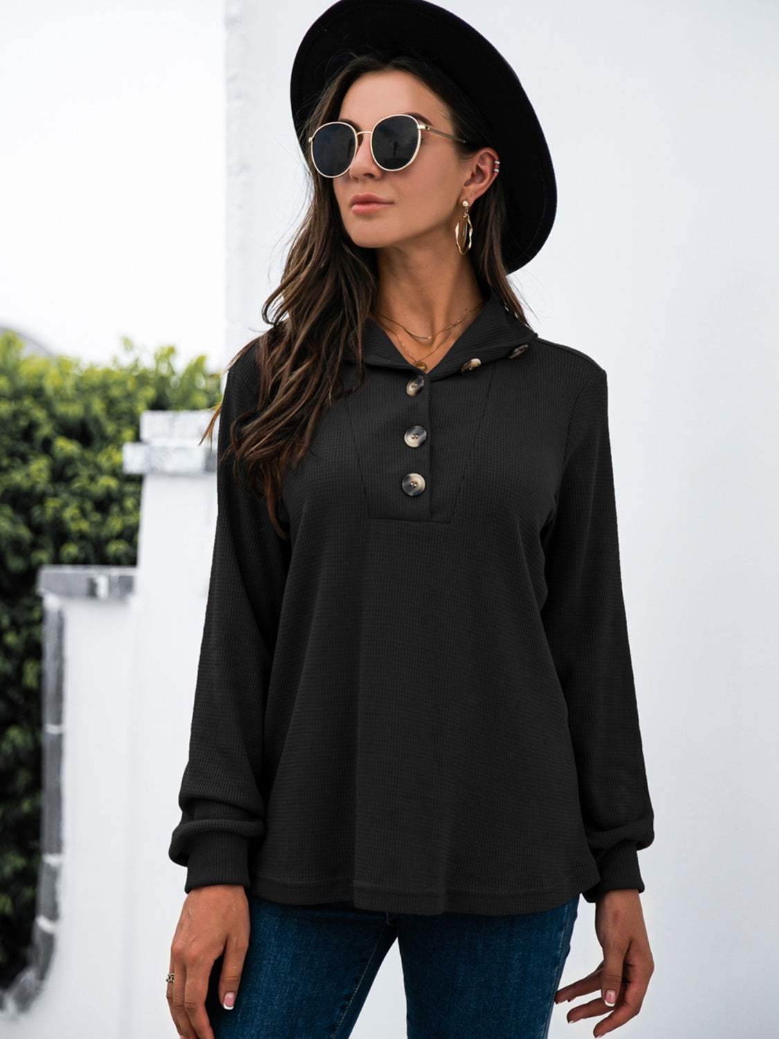 Half Button Long Sleeve T-Shirt - Trendsi - Flyclothing LLC