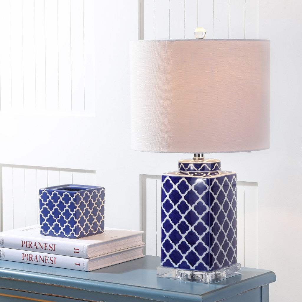 23" Clear Navy Blue And White Geometric Table Lamp With Drum Shade - HomeRoots - Flyclothing LLC