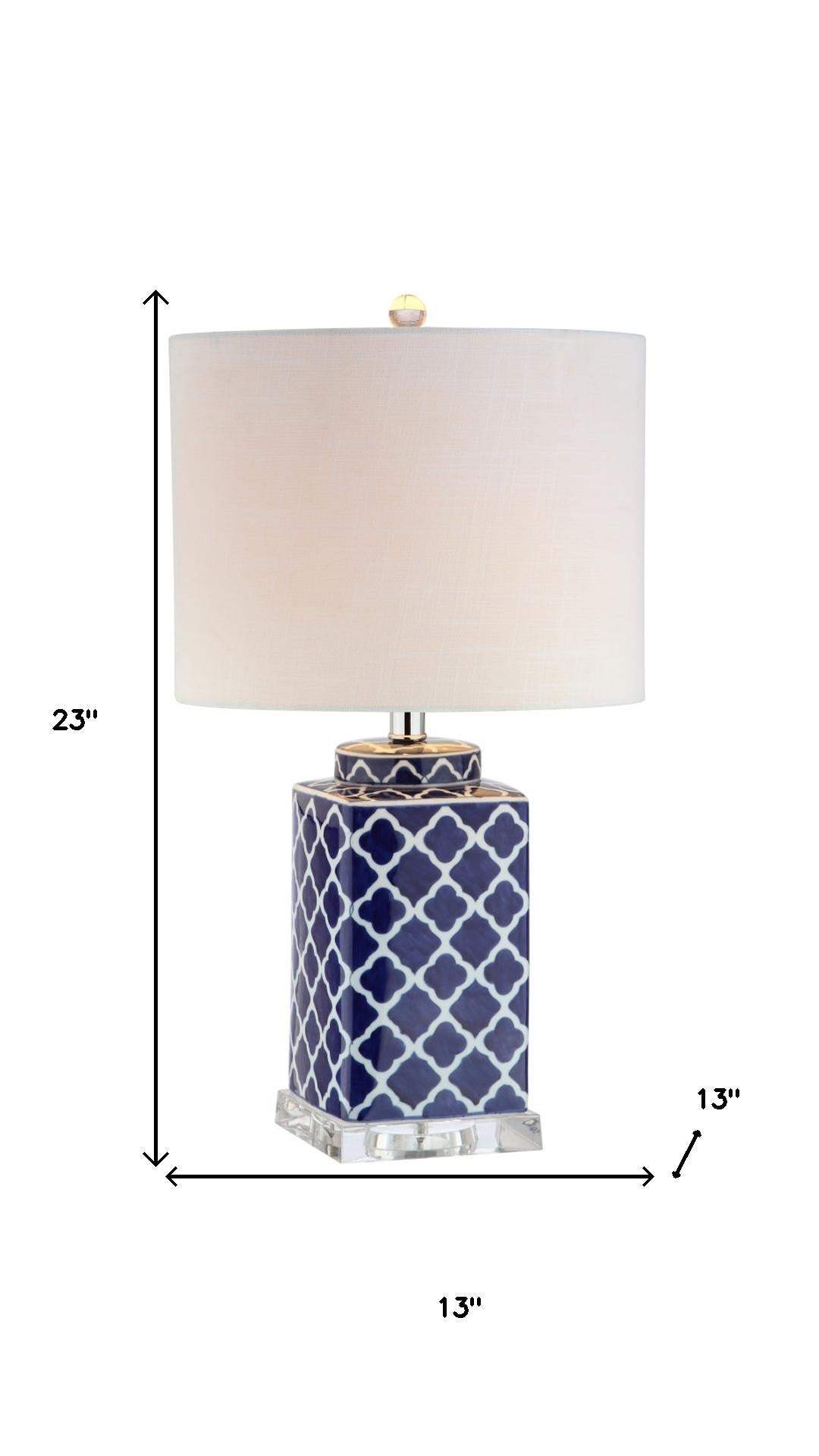23" Clear Navy Blue And White Geometric Table Lamp With Drum Shade - HomeRoots - Flyclothing LLC