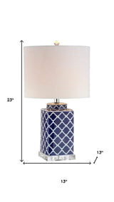 23" Clear Navy Blue And White Geometric Table Lamp With Drum Shade - HomeRoots - Flyclothing LLC