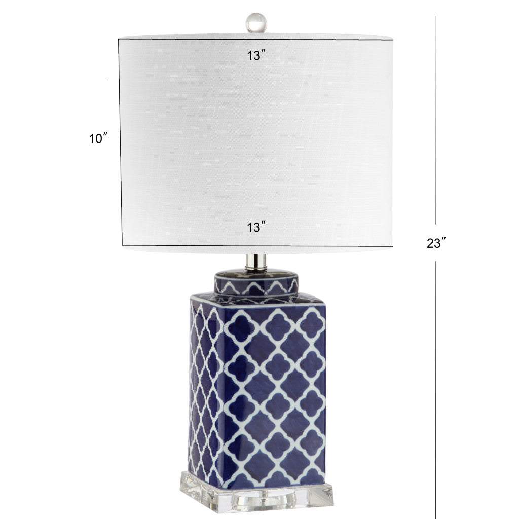 23" Clear Navy Blue And White Geometric Table Lamp With Drum Shade - HomeRoots - Flyclothing LLC