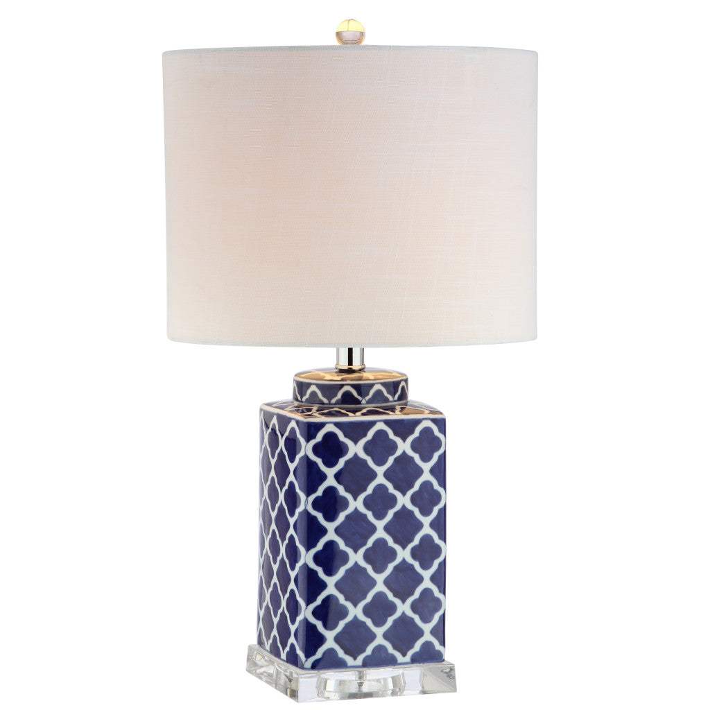 23" Clear Navy Blue And White Geometric Table Lamp With Drum Shade - HomeRoots - Flyclothing LLC