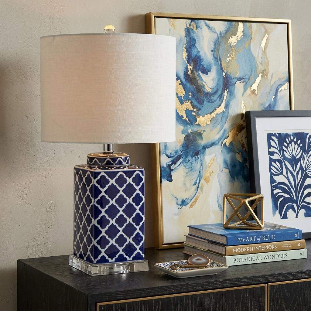 23" Clear Navy Blue And White Geometric Table Lamp With Drum Shade - HomeRoots - Flyclothing LLC