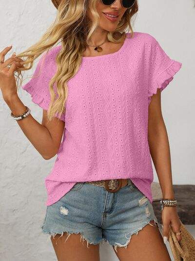 Mandy Eyelet Round Neck Short Sleeve Top - Trendsi - Flyclothing LLC