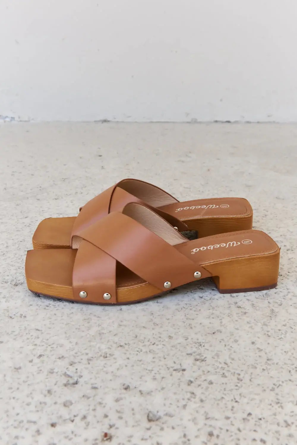 Weeboo Step Into Summer Criss Cross Wooden Clog Mule in Brown - Trendsi - Flyclothing LLC