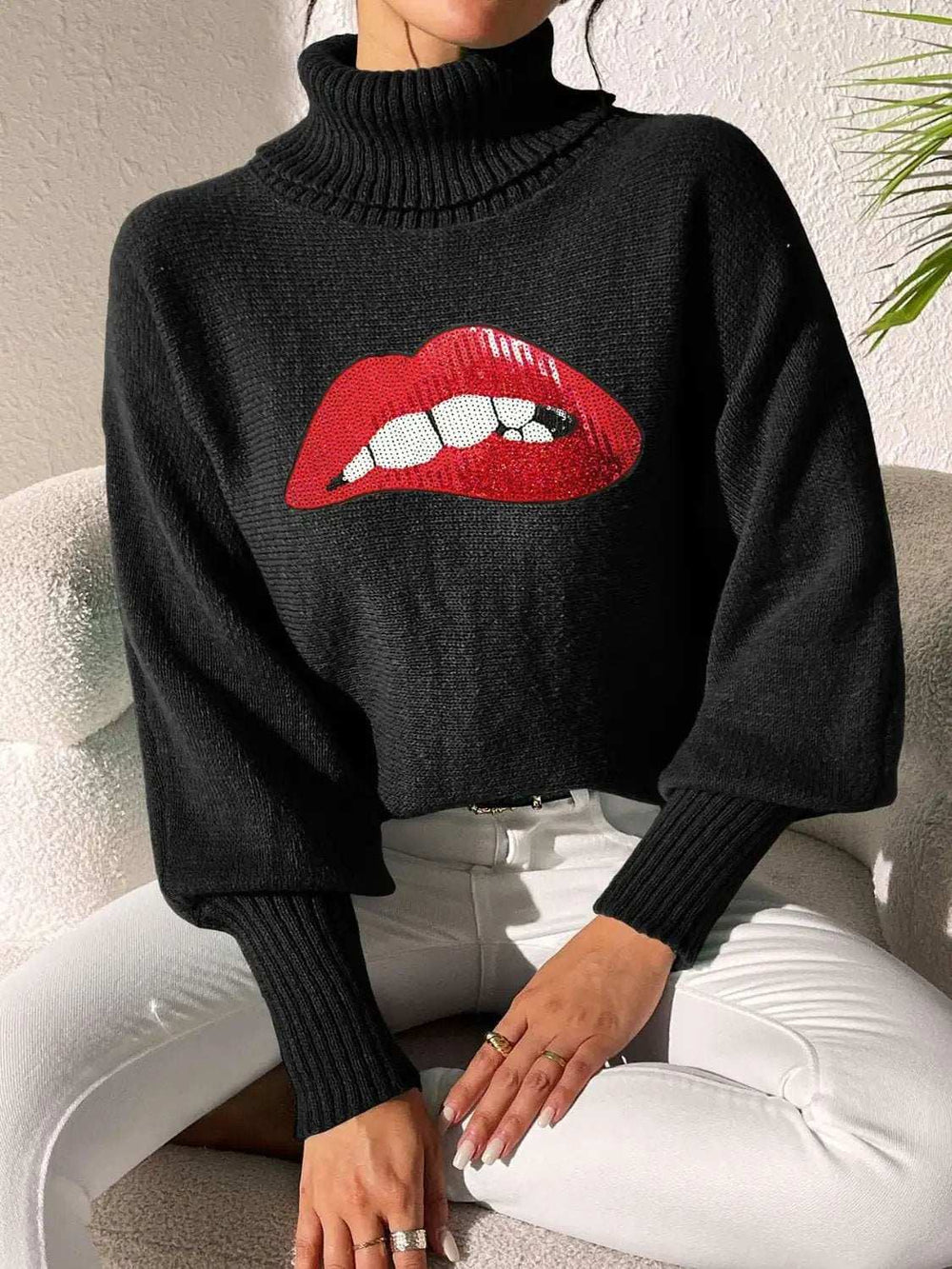 Lip Turtleneck Long Sleeve Sweater - Trendsi - Flyclothing LLC