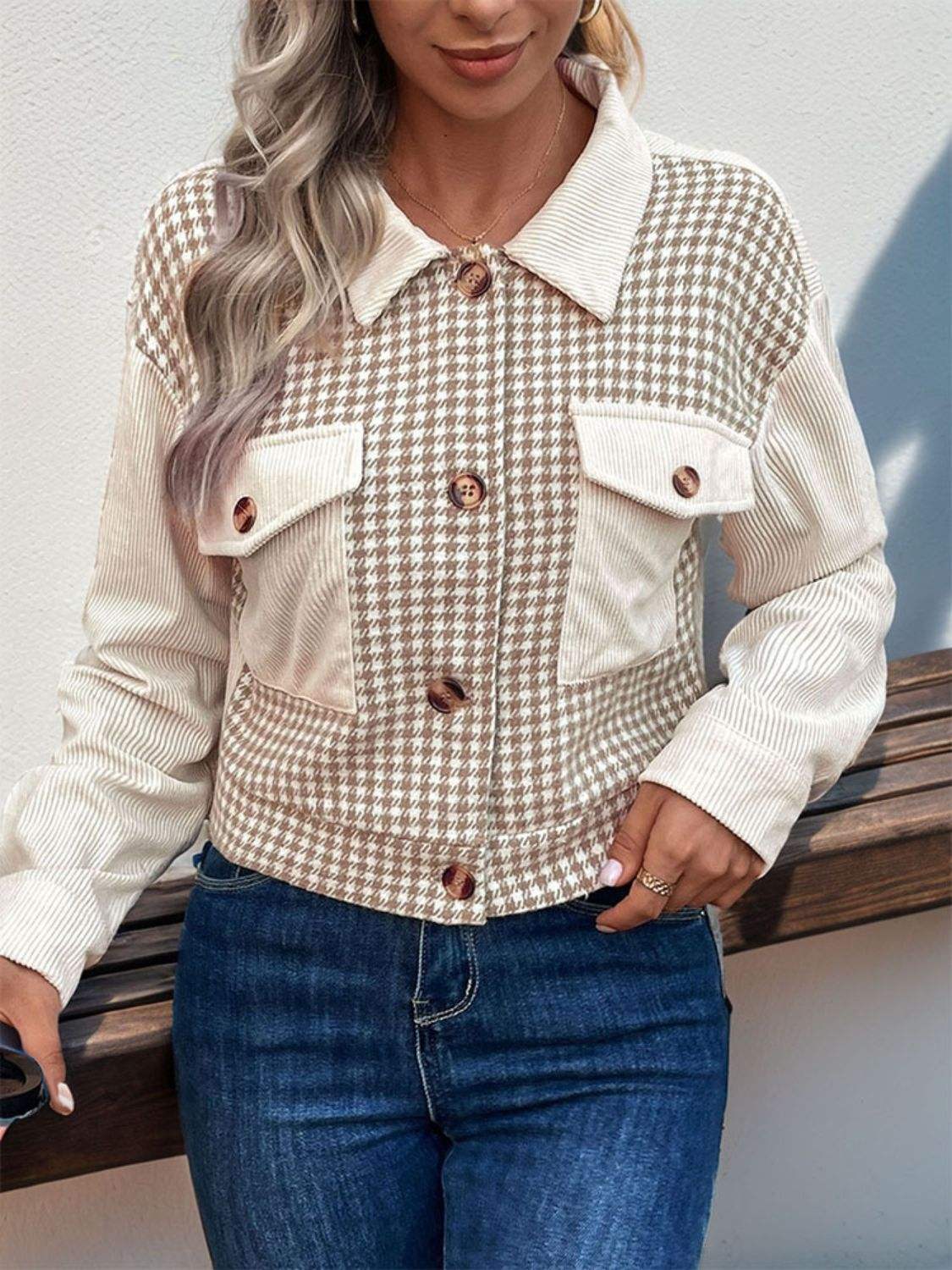 Pocketed Houndstooth Long Sleeve Jacket - Trendsi - Flyclothing LLC