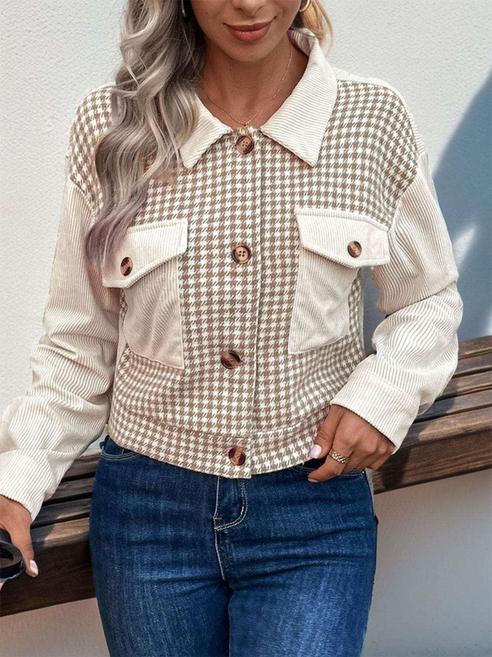 Pocketed Houndstooth Long Sleeve Jacket - Trendsi - Flyclothing LLC