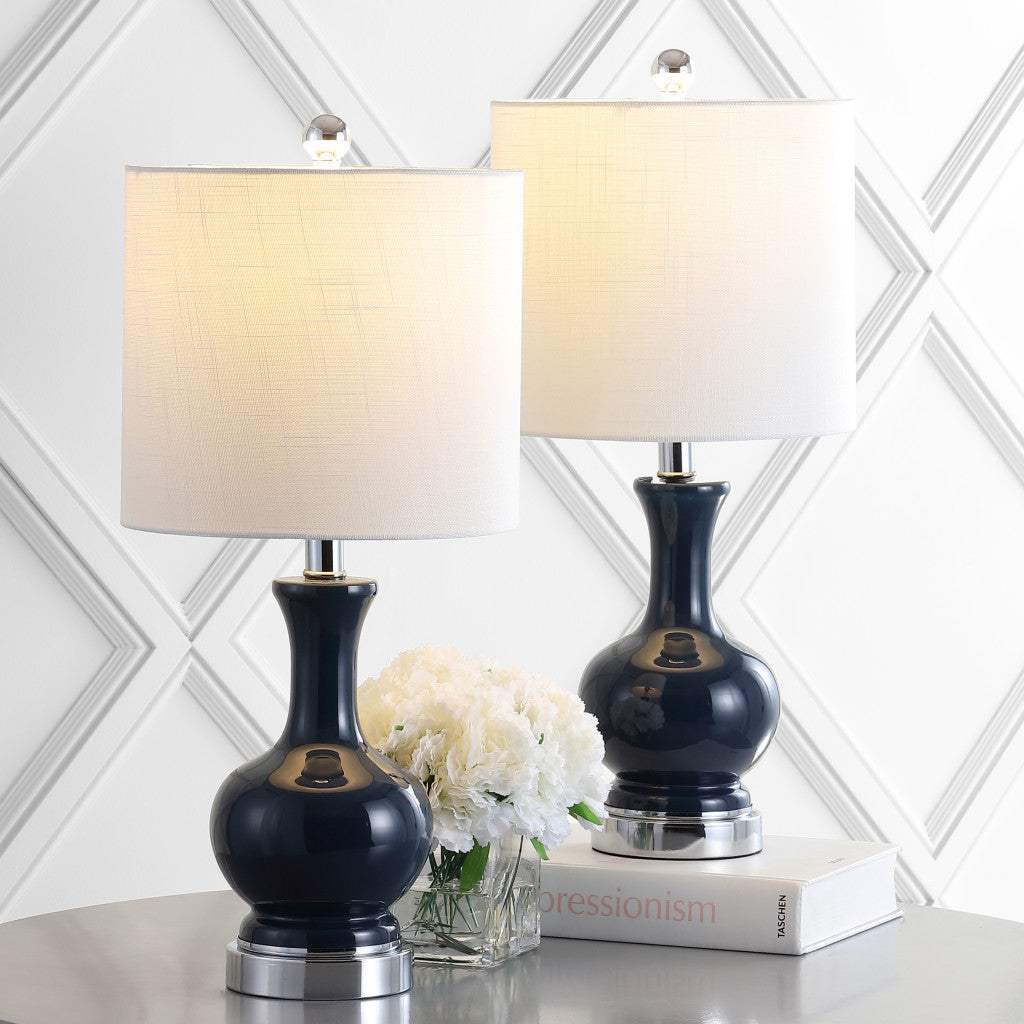 Set of Two 22" Navy Blue And Silver Gourd Bedside Lamps With Drum Shades - HomeRoots - Flyclothing LLC