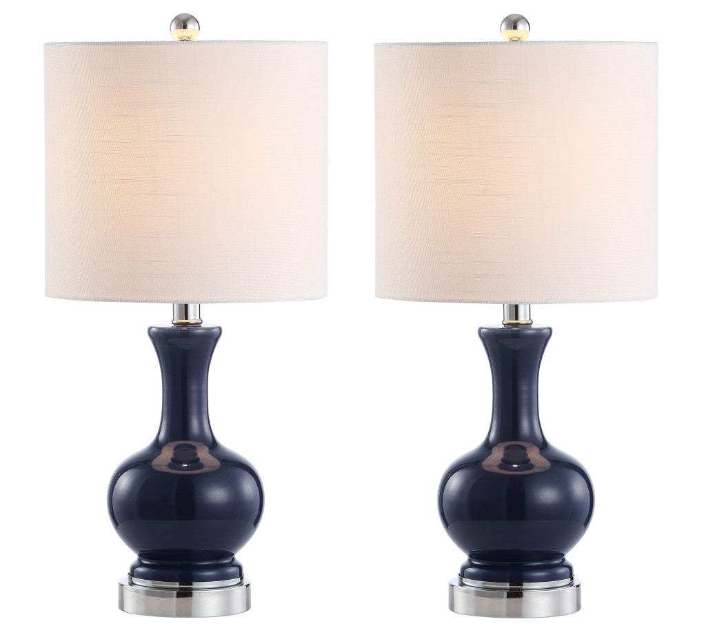 Set of Two 22" Navy Blue And Silver Gourd Bedside Lamps With Drum Shades - HomeRoots - Flyclothing LLC