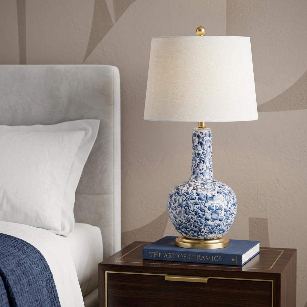 30" Blue White And Gold Gourd Table Lamp With Drum Shade - HomeRoots - Flyclothing LLC