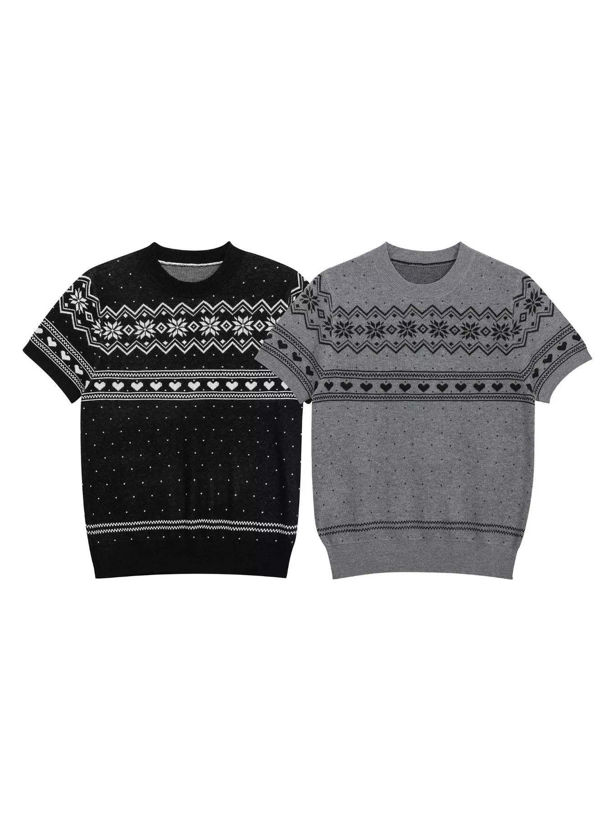 Men's Short-Sleeve Knit Top with Fair Isle and Heart Pattern - Trendsi - Flyclothing LLC