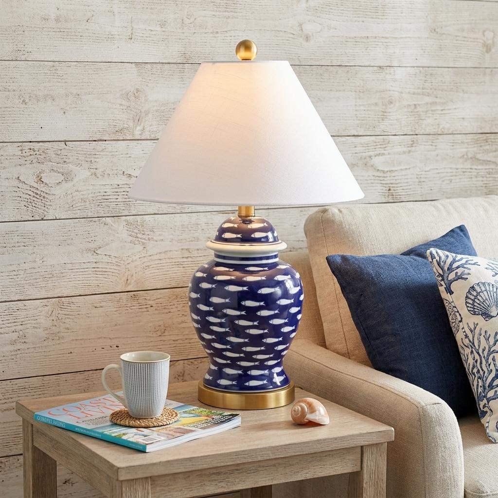 22" Navy Blue White And Gold Urn Table Lamp With Empire Shade - HomeRoots - Flyclothing LLC