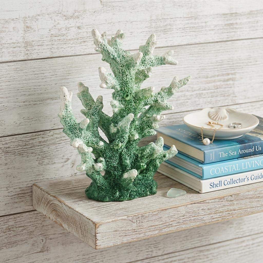 9" Green Resin Hand Painted Coral Tabletop Sculpture - HomeRoots - Flyclothing LLC
