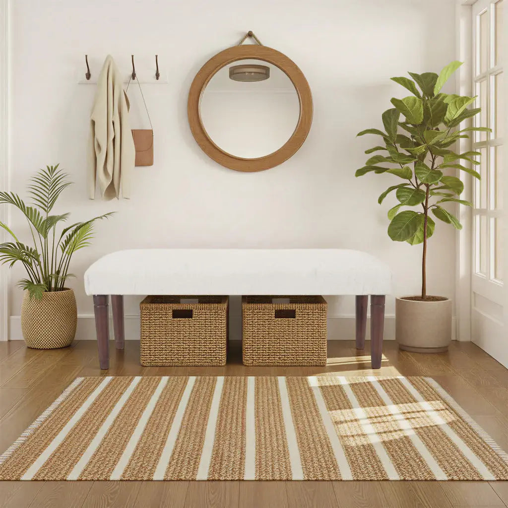 47" Cream and Brown Boucle and Solid Wood Upholstered Bench - Homeroots - Flyclothing LLC