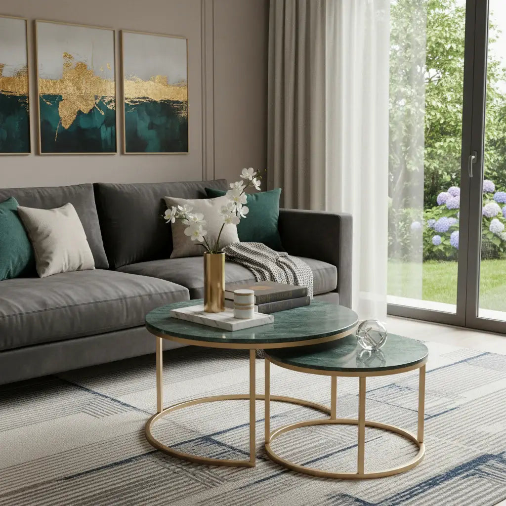 Set Of Two Green and Gold Genuine Marble and Iron Round Frame Nested Coffee Tables - Homeroots - Flyclothing LLC