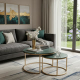 Set Of Two Green and Gold Genuine Marble and Iron Round Frame Nested Coffee Tables - Homeroots - Flyclothing LLC