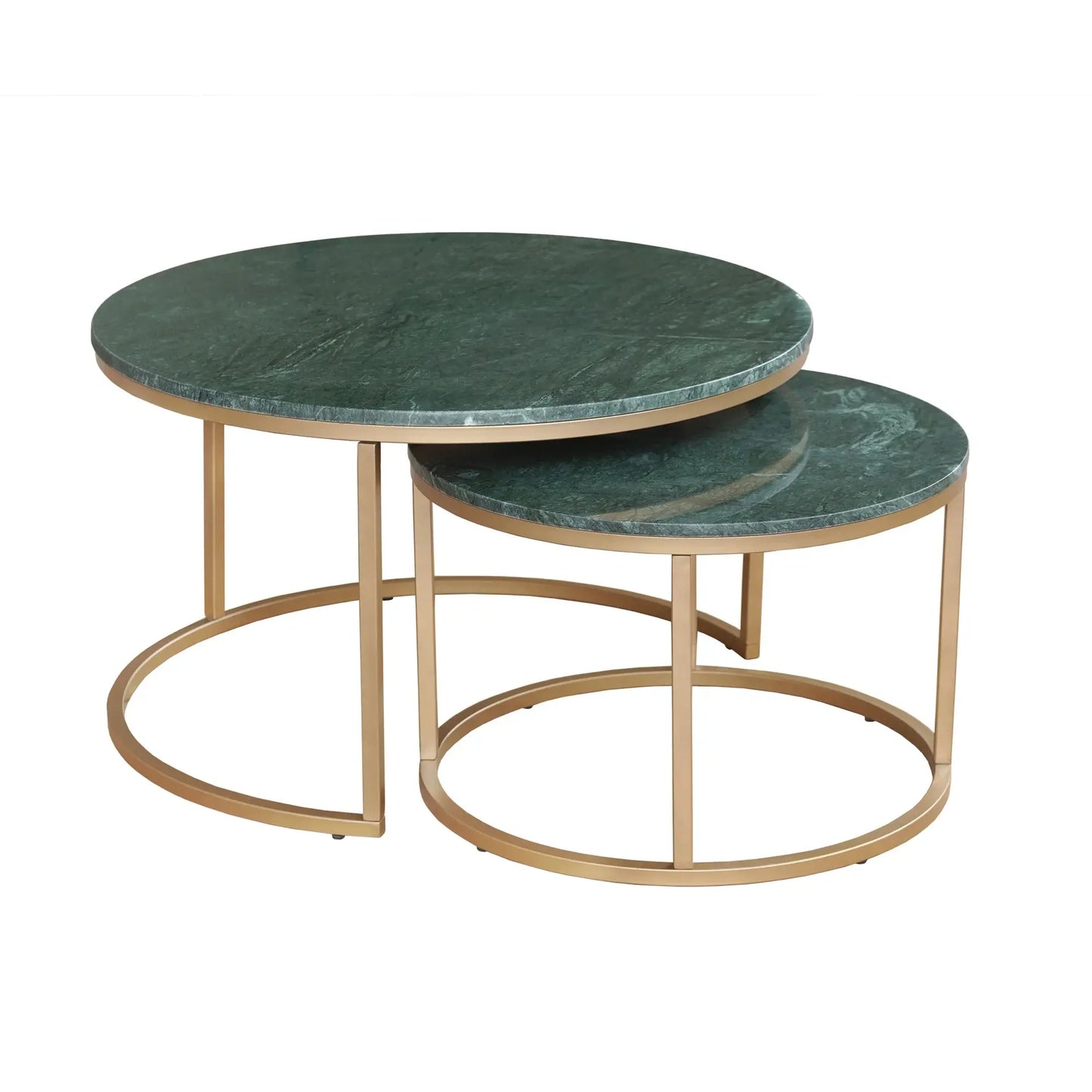 Set Of Two Green and Gold Genuine Marble and Iron Round Frame Nested Coffee Tables - Homeroots - Flyclothing LLC