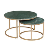 Set Of Two Green and Gold Genuine Marble and Iron Round Frame Nested Coffee Tables - Homeroots - Flyclothing LLC