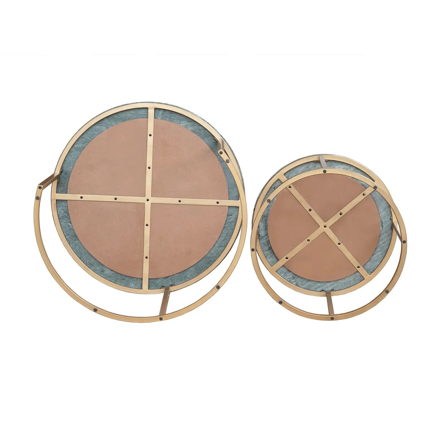 Set Of Two Green and Gold Genuine Marble and Iron Round Frame Nested Coffee Tables - Homeroots - Flyclothing LLC
