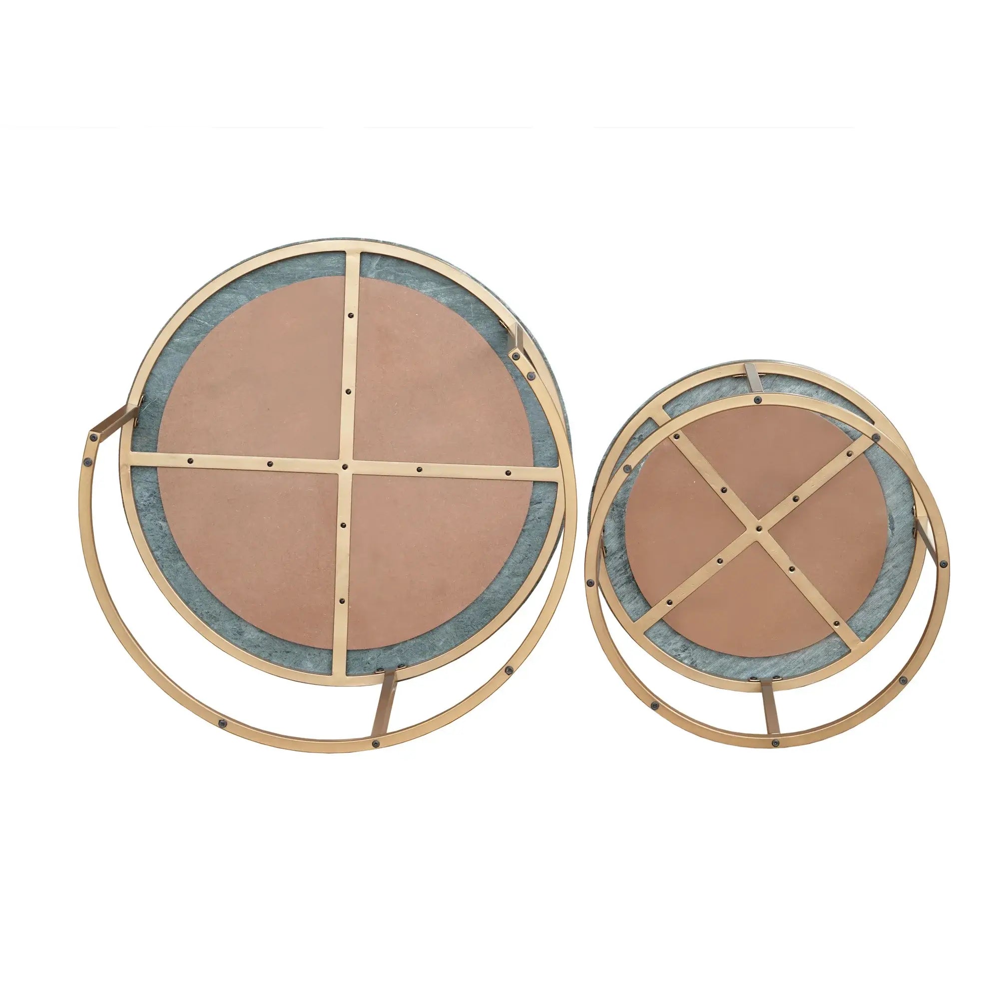Set Of Two Green and Gold Genuine Marble and Iron Round Frame Nested Coffee Tables - Homeroots - Flyclothing LLC