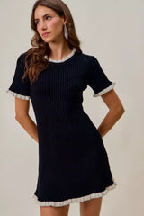 SO ME Contrast Ruffled Sweater Knit Mini Dress - Trendsi - Flyclothing LLC