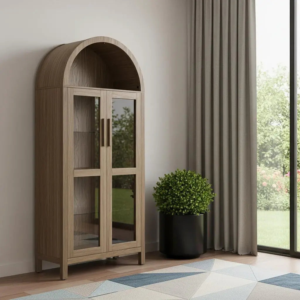 67" Brown Wood Oval Accent Cabinet With Two Doors - Homeroots - Flyclothing LLC