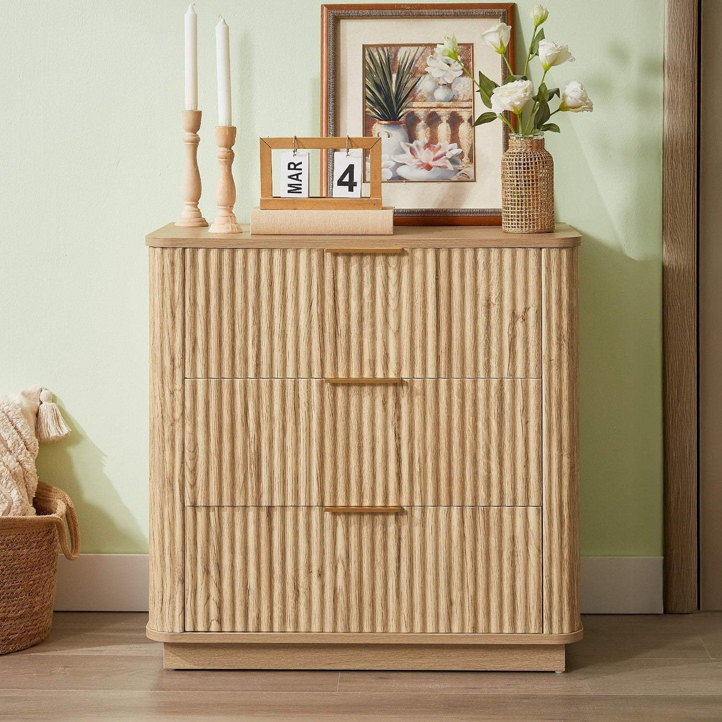 28" Oak Ribbed Texture Wood Three Drawer Dresser - HomeRoots - Flyclothing LLC
