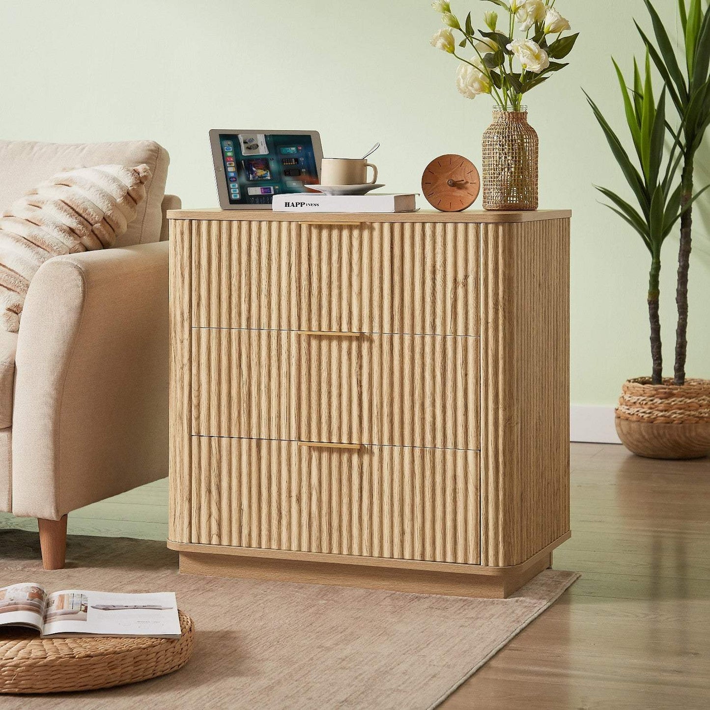 28" Oak Ribbed Texture Wood Three Drawer Dresser - HomeRoots - Flyclothing LLC